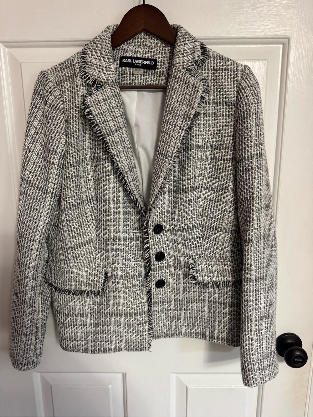 Karl Lagerfeld Black and White Tweed Fringe-Trim Blazer